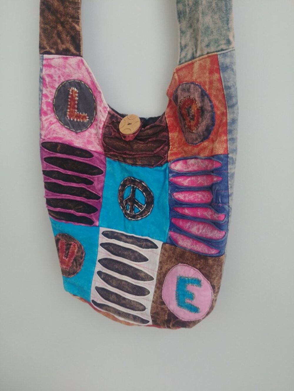 Handmade cotton denim patchwork bag wide strap shoulder crossbody bag - Picture 5 of 14